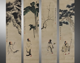 張大千 人物花卉四條